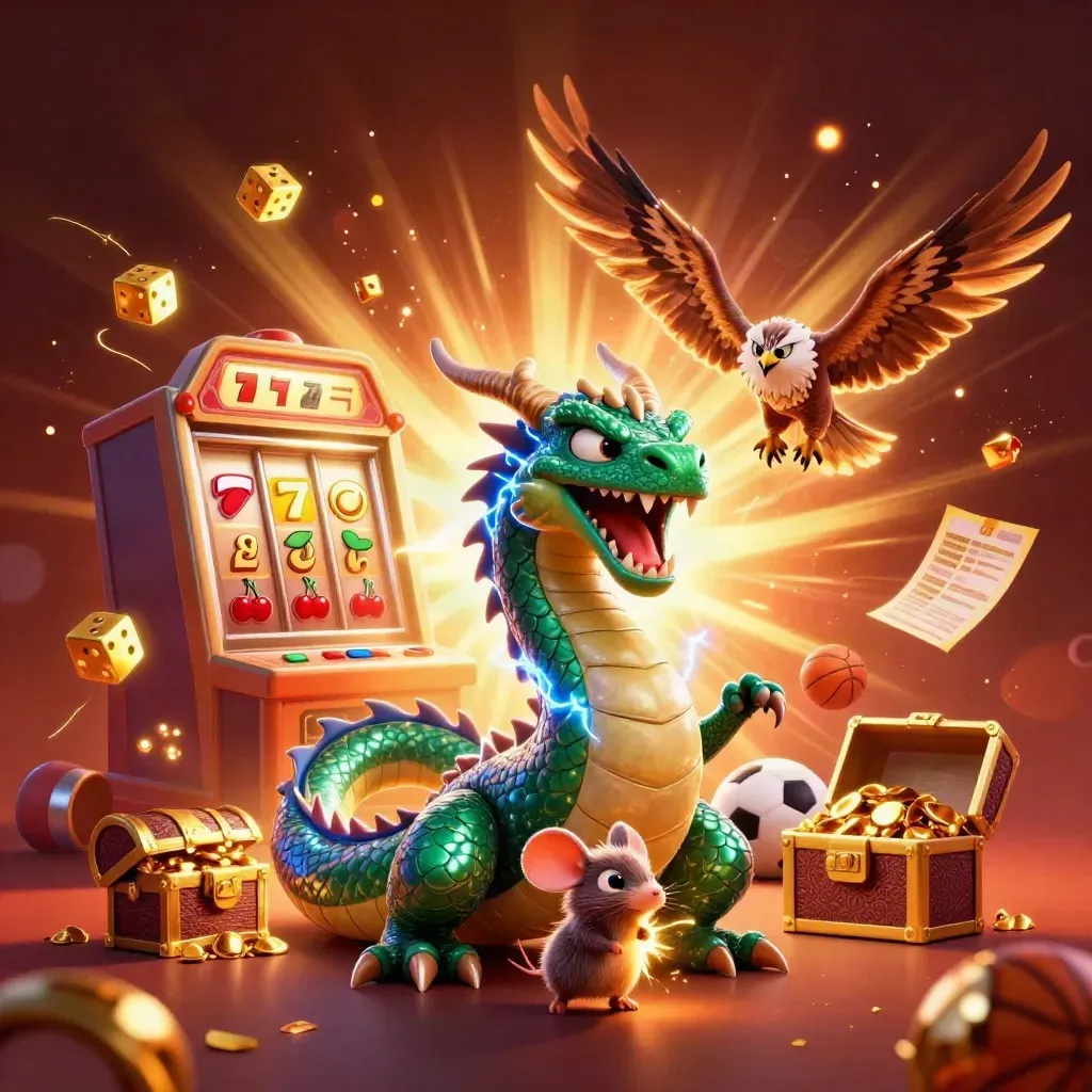 Thunder dragon, wind hawk, and crackling mouse amid slot symbols, gold, and sports balls in a luxe casino burst