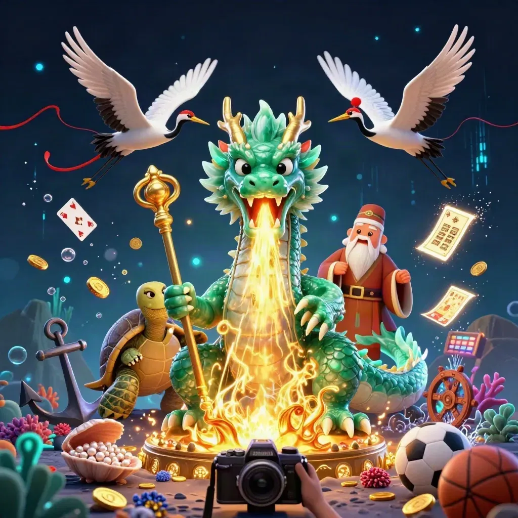 Emerald dragon, turtle sage, and cranes amid gold coins, balls, coral, and neon casino effects.
