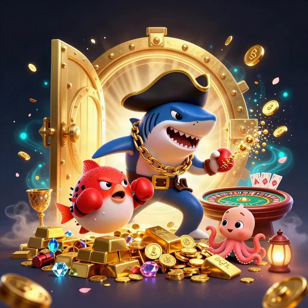 Shark pirate, boxing pufferfish, and octopus amid treasure vault gold and neon casino glow