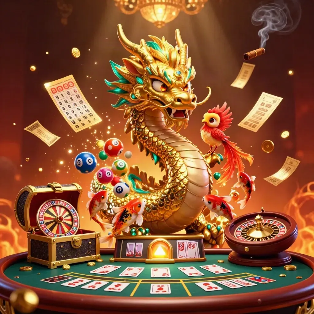 Golden dragon, phoenix and koi amid casino glow, spinning wheel, cards and gems