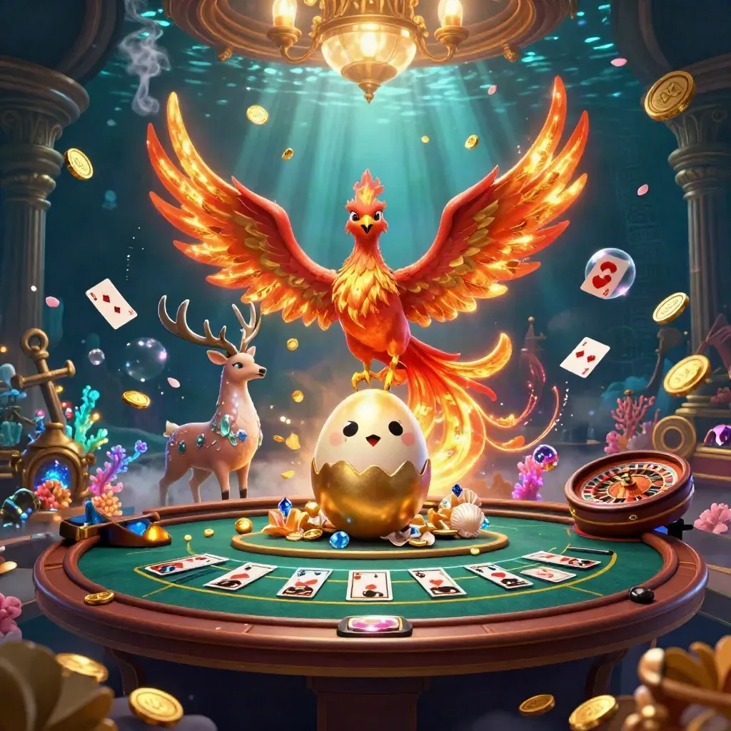 Phoenix, hatchling, stag, and casino treasure cove with spinning wheel, cards, and gold glow