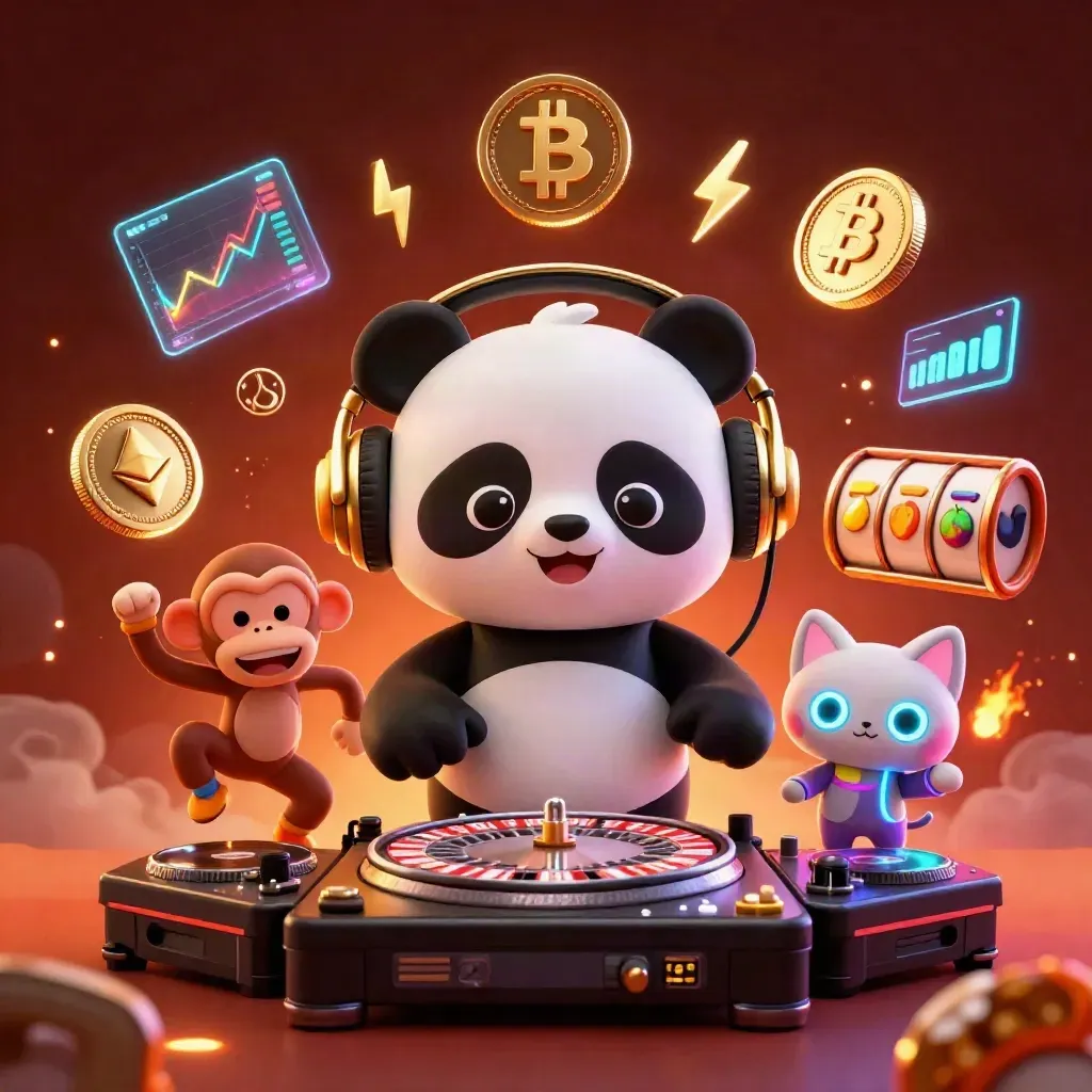 DJ panda, dancing monkey, and rave kitten amid casino coins, embers, and neon energy.