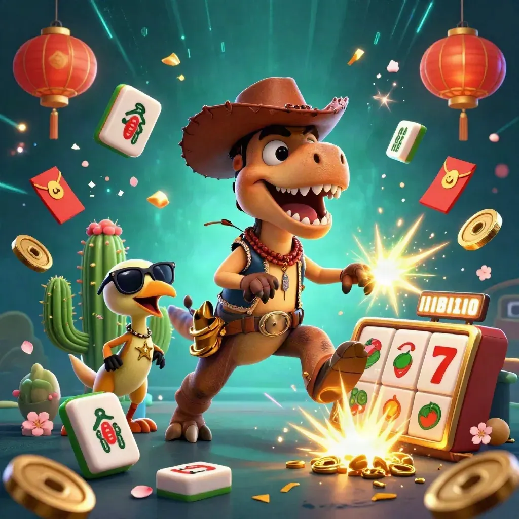Cowboy T-Rex, cactus, and roadrunner burst through emerald casino treasure under neon waterlight