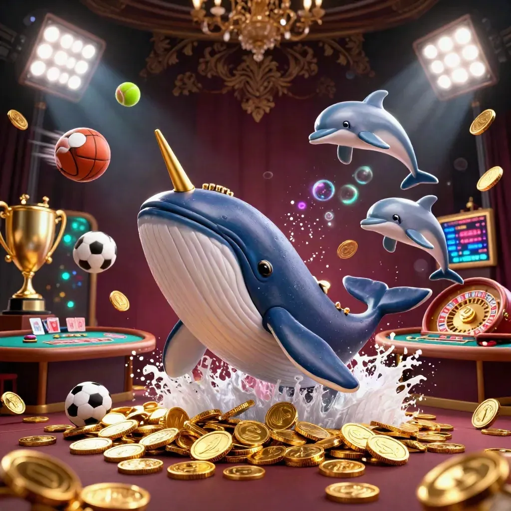 Whale captain, narwhal, dolphins, coins, roulette wheel, cards, and casino lights in a luxe burst