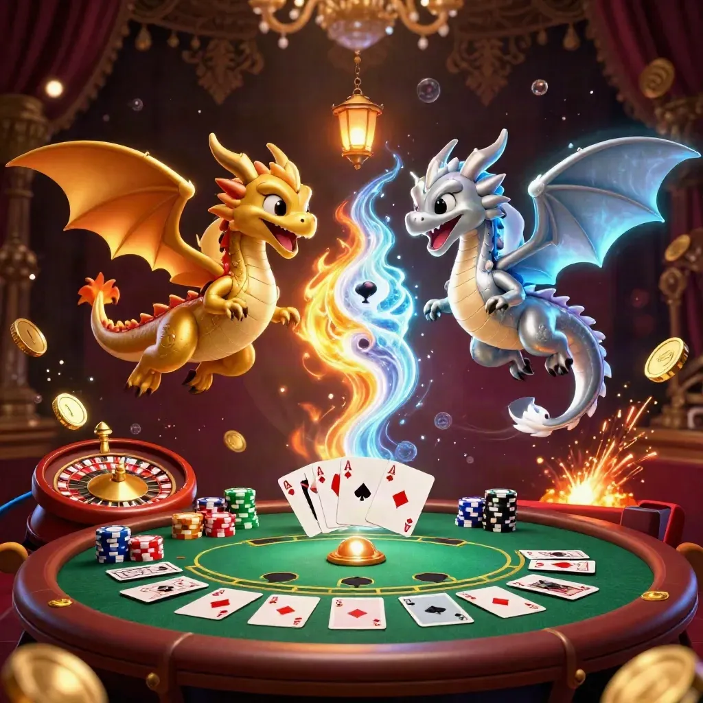 Twin gold and silver dragons amid casino chips, cards, roulette wheel and treasure burst in luxe dark glow